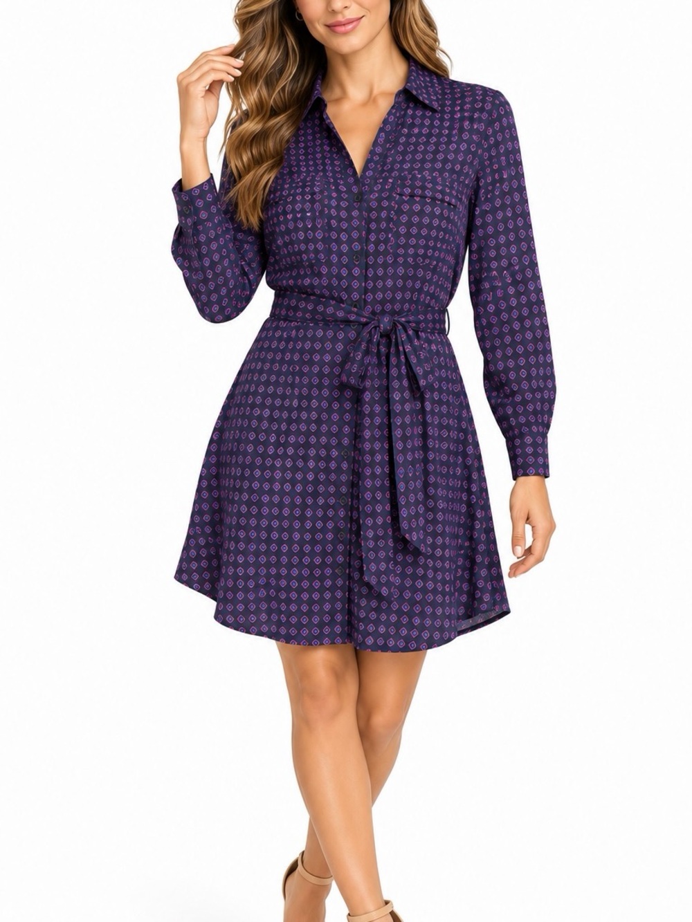 Express Womens L Purple Geometric Belted Shirt Dress Long Sleeve Button Front